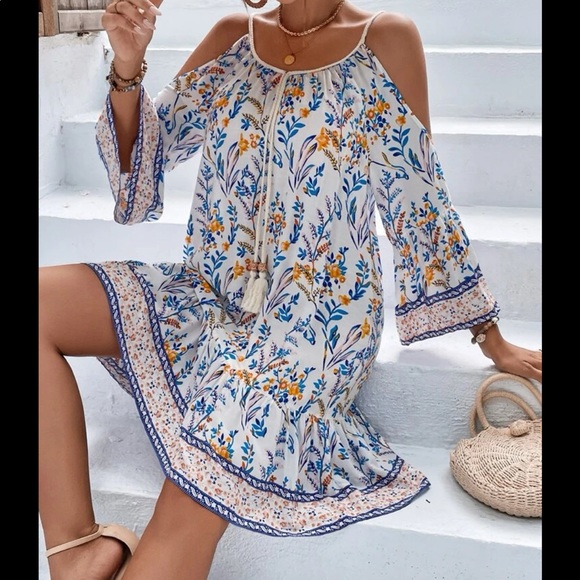 Boho Gypsy Floral Print Tassel Cold Off Drop Shoulder Dress - Picture 10 of 15